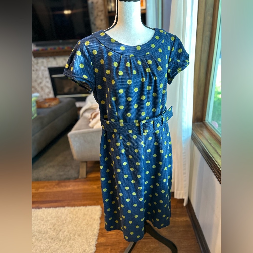 Boden fitted navy olive polka dot belted dress